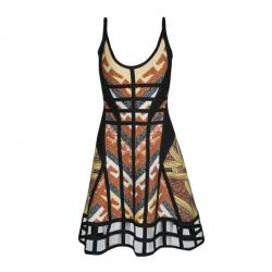 Herve Leger Autumn Combo Amella Tribal Jacquard Caged Cut Skater Dress S 
