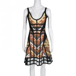 Herve Leger Autumn Combo Amella Tribal Jacquard Caged Cut Skater Dress S 