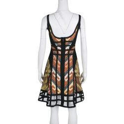 Herve Leger Autumn Combo Amella Tribal Jacquard Caged Cut Skater Dress S 