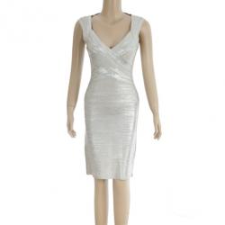 مملوكة مسبقًا Herve Leger Silver Metallic Vneck Bandage Dress XS