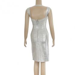 مملوكة مسبقًا Herve Leger Silver Metallic Vneck Bandage Dress XS