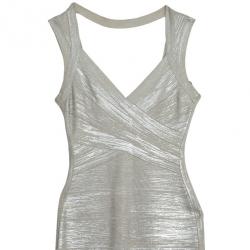 مملوكة مسبقًا Herve Leger Silver Metallic Vneck Bandage Dress XS