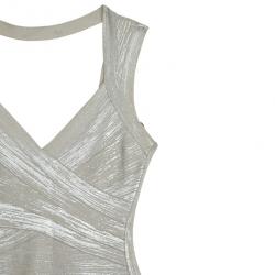 مملوكة مسبقًا Herve Leger Silver Metallic Vneck Bandage Dress XS