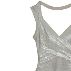 مملوكة مسبقًا Herve Leger Silver Metallic Vneck Bandage Dress XS