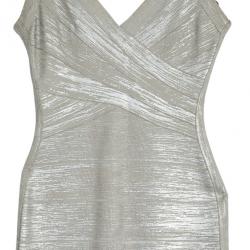 مملوكة مسبقًا Herve Leger Silver Metallic Vneck Bandage Dress XS