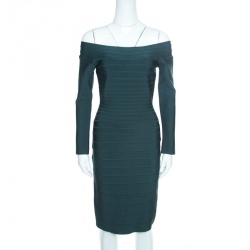 Herve Leger Dark Teal Green Off Shoulder Candice Bandage Dress M