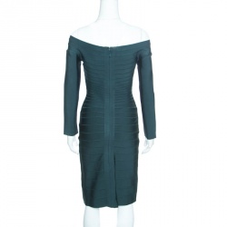 Herve Leger Dark Teal Green Off Shoulder Candice Bandage Dress M