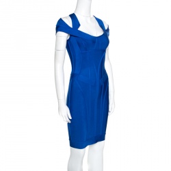 Pre Owned Herve Leger Bright Blue Cold Shoulder Detail Lilliana Bandage Dress XS