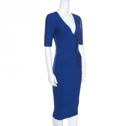 Pre Owned Herve Leger Cobalt Blue Plunge Neck Cybil Bandage Dress S