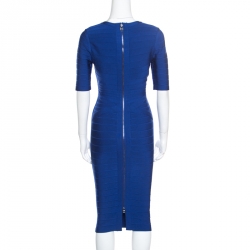 Pre Owned Herve Leger Cobalt Blue Plunge Neck Cybil Bandage Dress S