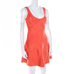 Herve Leger Bright Carotene Sleeveless Flared Dasha Bandage Dress S