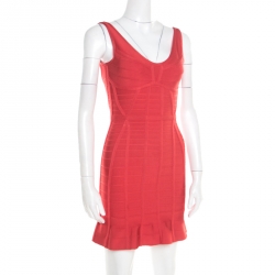 Pre Owned فستان هيرفي ليجي بانديدج أحمر بلا أكمام واسع XS