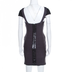 مملوكة مسبقًا فستان بانديدج هيرفي ليجي ديان ترتر رصاصي مزخرف بأكمام قصيرة S