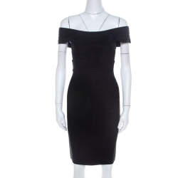 Herve Leger Black Knit Off Shoulder Marina Bandage Dress XS 