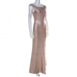 Herve Leger Rose Gold Foil Print Sophia Bandage Mermaid Gown S