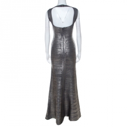 مملوكة مسبقًا Herve Leger Dark Grey Woodgrain Foil Print Camilla Bandage Gown XS