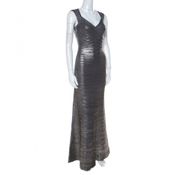مملوكة مسبقًا Herve Leger Dark Grey Woodgrain Foil Print Camilla Bandage Gown XS
