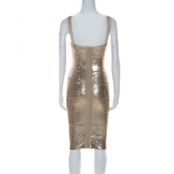 Pre Owned Herve Leger Antique Gold Sequinned Bandage Dress XXS