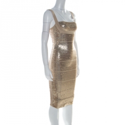 Pre Owned Herve Leger Antique Gold Sequinned Bandage Dress XXS