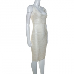Pre Owned Herve Leger White Foil Printed Knit Ginny Bandage Dress S
