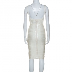 Pre Owned Herve Leger White Foil Printed Knit Ginny Bandage Dress S