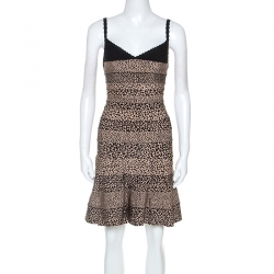 Herve Leger Black and Beige Animal Pattern Knit Nell Bandage Dress XS