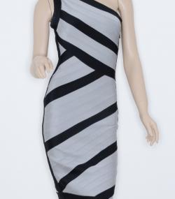 Herve Leger Black and Grey One Shoulder Bandage Dress S