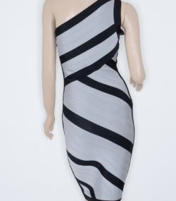Herve Leger Black and Grey One Shoulder Bandage Dress S