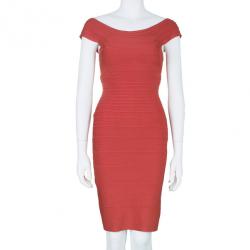 Pre Owned Herve Leger Red Off-Shoulder Bandage Dress XS