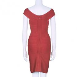 Pre Owned Herve Leger Red Off-Shoulder Bandage Dress XS