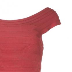 Pre Owned Herve Leger Red Off-Shoulder Bandage Dress XS