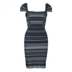 Pre Owned Herve Leger Moss Green Striped Bandage Dress M
