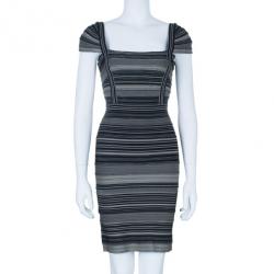 Pre Owned Herve Leger Moss Green Striped Bandage Dress M
