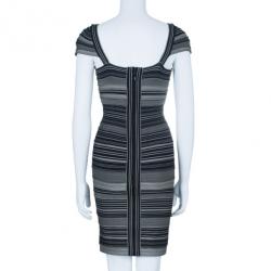 Pre Owned Herve Leger Moss Green Striped Bandage Dress M