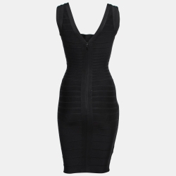 Pre Owned Herve Leger Black Stretch Knit Bandage Bodycon Dress XS  