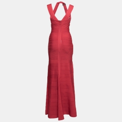 Herve Leger Red Bandage Selene Halter Neck Maxi Dress M