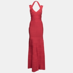 Herve Leger Red Bandage Selene Halter Neck Maxi Dress M