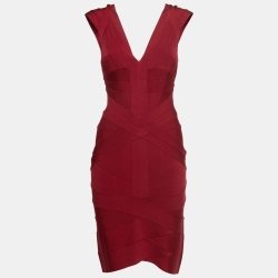 Herve Leger Red Knit V-Neck Cap Sleeve Short Bodycon Dress L