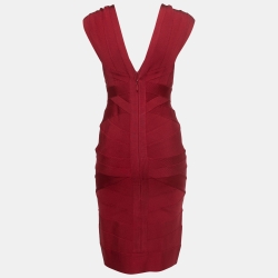 Herve Leger Red Knit V-Neck Cap Sleeve Short Bodycon Dress L