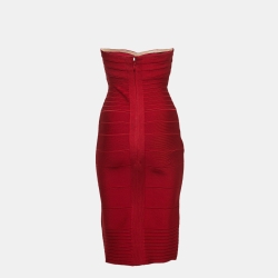 مملوكة مسبقًا Herve Leger Red Bandage Knit Strapless Bodycon Dress S