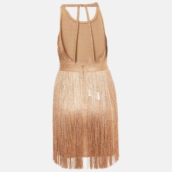 Herve Leger Metallic Rose Gold Knit Fringed Mini Dress XS
