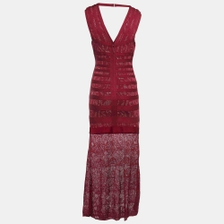 مملوكة مسبقًا Herve Leger Burgundy Knit Lace Trim Maxi Dress M