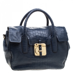 Hugo Boss Blue Crocodile Embossed Leather Cleide-C Satchel 