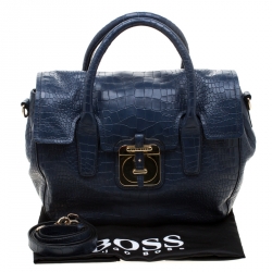 Hugo Boss Blue Crocodile Embossed Leather Cleide-C Satchel 