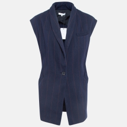 Navy Blue Striped Wool-Blend Vest Jacket