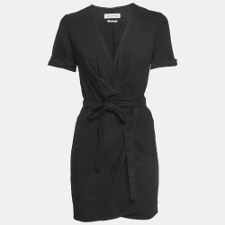 Black Linen Blend Wrap On Mini Dress