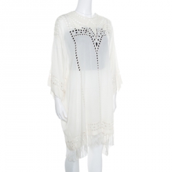Pre Owned Isabel Marant Etoile Cream Cutout Embroidered Detail Fringed Enery Dress M