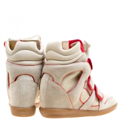 Pre Owned Isabel Marant Grey Suede with Metalllic Red Leather Trim Bekett Wedge Sneakers Size 35