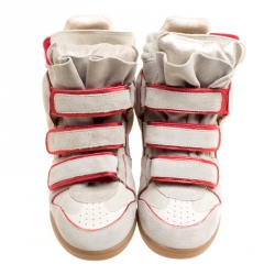 Pre Owned Isabel Marant Grey Suede with Metalllic Red Leather Trim Bekett Wedge Sneakers Size 35