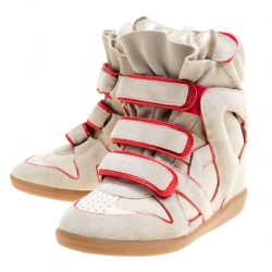 Pre Owned Isabel Marant Grey Suede with Metalllic Red Leather Trim Bekett Wedge Sneakers Size 35